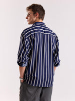 Load image into Gallery viewer, Navy Blue & White Striped Drape Shirt
