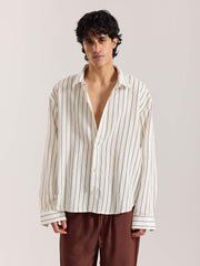 White & Brown Striped Linen Cropped Shirt
