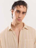 Load image into Gallery viewer, Beige Gauze Striped Holiday Shirt