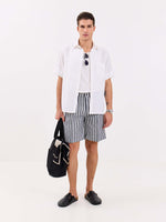 Load image into Gallery viewer, Grey Striped Linen Trouser Shorts