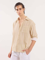 Load image into Gallery viewer, Beige Gauze Striped Holiday Shirt