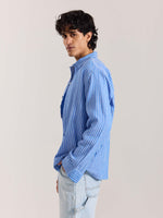 Load image into Gallery viewer, Blue Striped Gauze Holiday Shirt