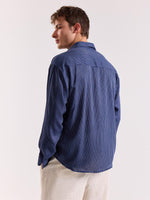 Load image into Gallery viewer, Blue Pinstriped Linen Cropped Shirt ( Pre-Order )