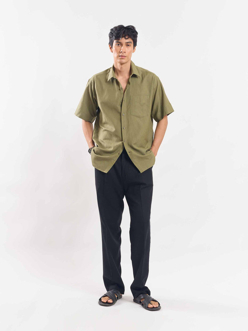 Olive Green Half Sleeve Linen Shirt