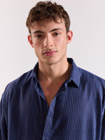 Load image into Gallery viewer, Blue Pinstriped Linen Cropped Shirt ( Pre-Order )