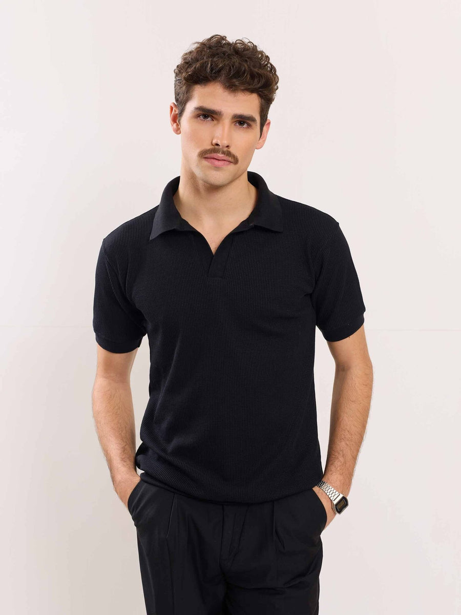 Buy Black Waffle Knit Polo T-shirt Online at Best Price | 5Feet11
