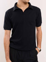 Load image into Gallery viewer, Black Waffle Knit Polo T-shirt
