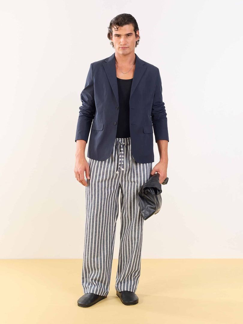 Grey Striped Linen Pull-on Pants