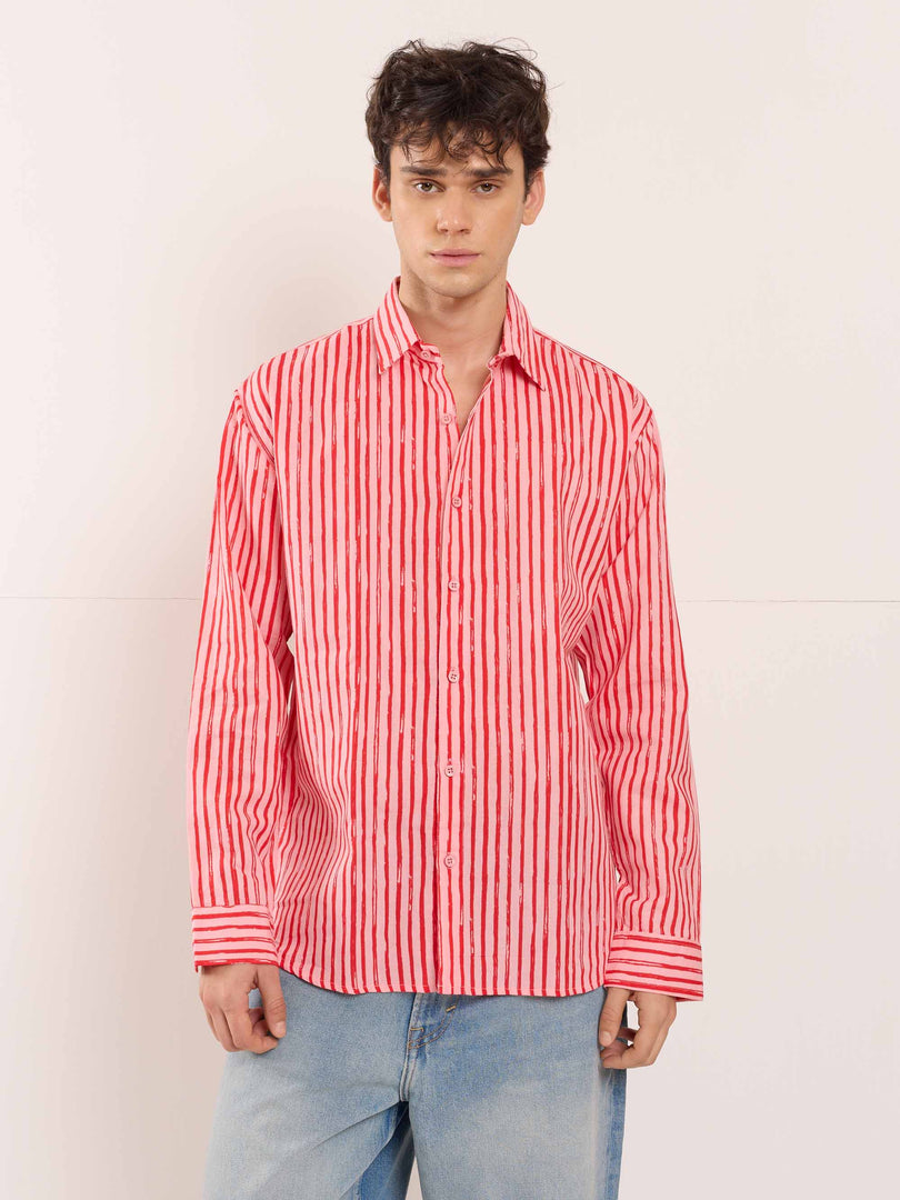 Red & Pink Striped Linen Shirt