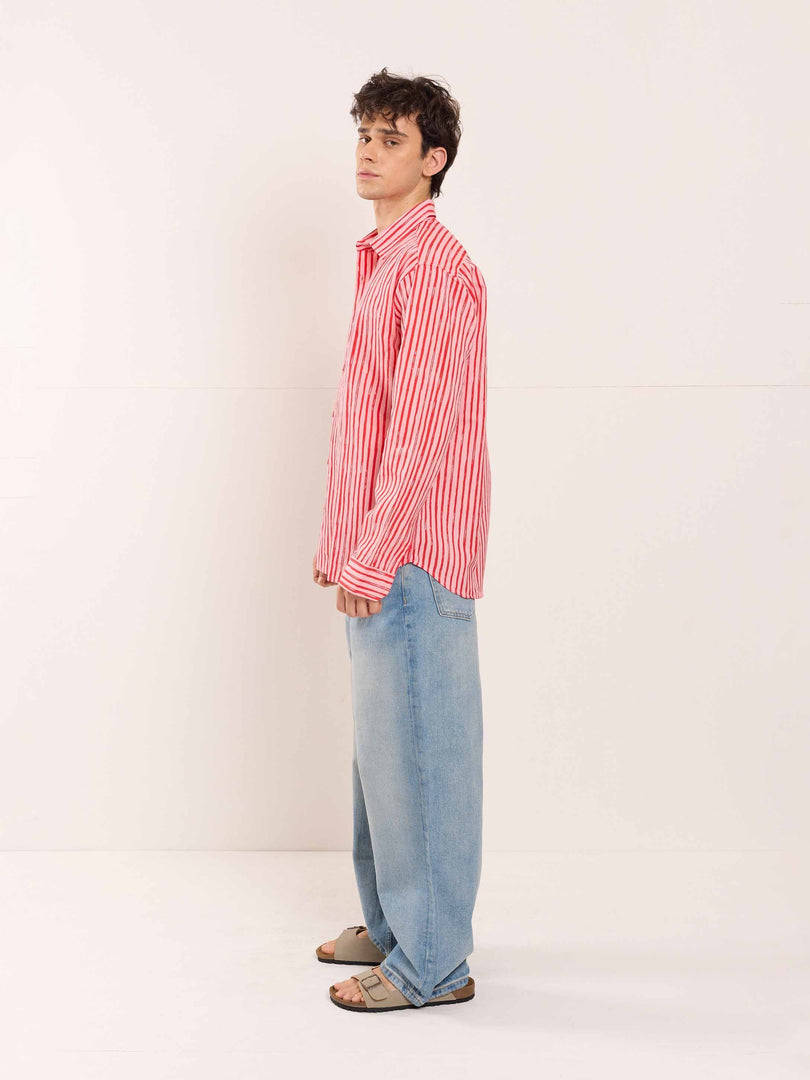 Red & Pink Striped Linen Shirt