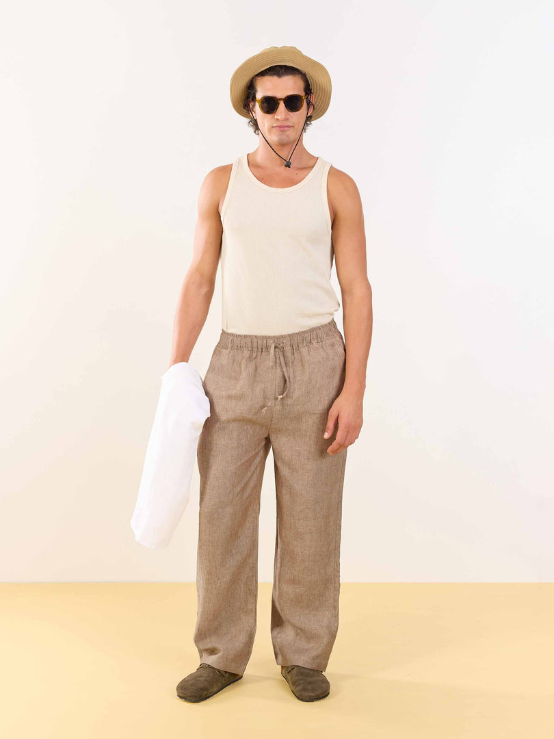 Brown Textured Linen Pull-on Pants