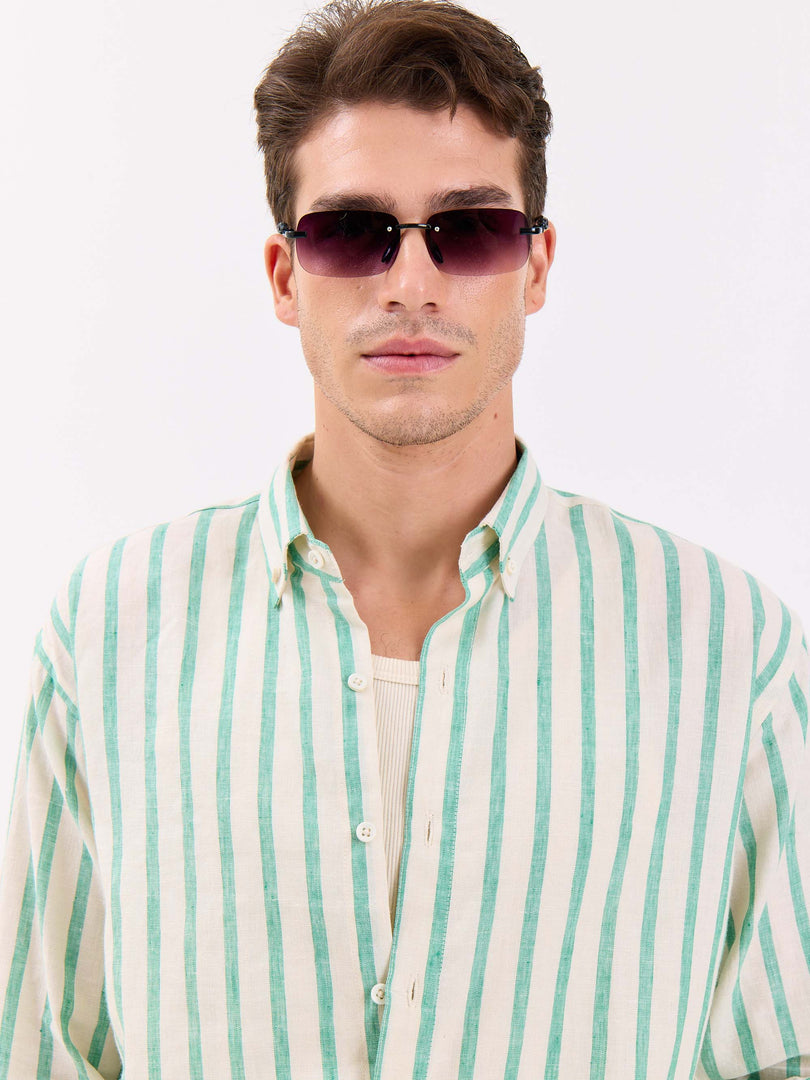 Cream & Green Striped Irish Linen Shirt