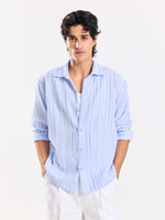 Load image into Gallery viewer, Powder Blue Striped Gauze Holiday Shirt