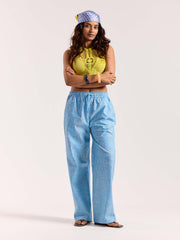Sky Blue Striped Linen Pull-on Pants