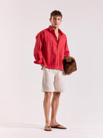 Load image into Gallery viewer, Red Checkered Linen Cropped Shirt ( Pre-Order )