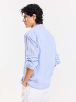 Load image into Gallery viewer, Powder Blue Striped Gauze Holiday Shirt