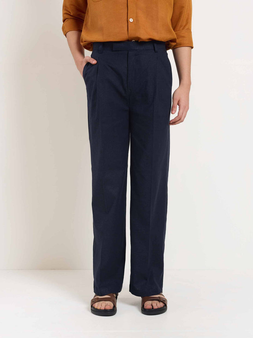 Blue Linen Baggy Fit Trousers