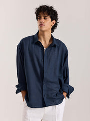 Navy Blue Linen Cropped Shirt