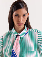 Load image into Gallery viewer, Green & White Striped Poplin Cropped Shirt