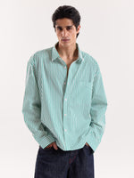 Load image into Gallery viewer, Green & White Striped Poplin Cropped Shirt