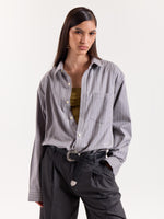 Load image into Gallery viewer, Grey Pinstriped Cropped Shirt