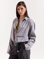 Load image into Gallery viewer, Grey Pinstriped Cropped Shirt