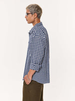 Load image into Gallery viewer, Navy Blue Checkered Seersucker Oversized Cropped Shirt