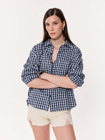 Load image into Gallery viewer, Navy Blue Checkered Seersucker Oversized Cropped Shirt