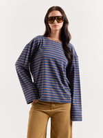 Load image into Gallery viewer, Navy & Beige Chambray Striped Loose Fit Cropped T-Shirt