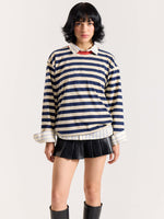 Load image into Gallery viewer, Navy & Cream Thick Striped Loose Fit Cropped T-Shirt