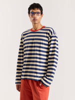 Load image into Gallery viewer, Navy & Cream Thick Striped Loose Fit Cropped T-Shirt