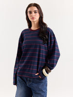 Load image into Gallery viewer, Navy & Plum Striped Loose Fit Cropped T-Shirt