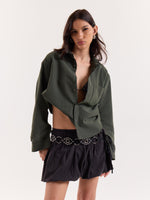 Load image into Gallery viewer, Olive & Black Striped Seersucker Cropped Shirt
