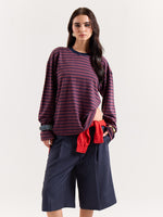 Load image into Gallery viewer, Plum & Navy Chambray Striped Loose Fit Cropped T-Shirt