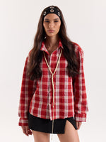 Load image into Gallery viewer, Red & White Checkered Seersucker Cropped Shirt