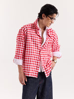 Load image into Gallery viewer, Red & White Checks Linen Cropped Shirt