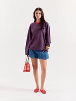 Load image into Gallery viewer, Red & Navy Chambray Striped Loose Fit Cropped T-Shirt