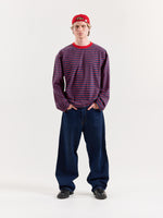 Load image into Gallery viewer, Red & Navy Chambray Striped Loose Fit Cropped T-Shirt