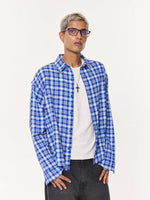 Load image into Gallery viewer, Royal Blue Checked Oversized Cropped Gauze Shirt
