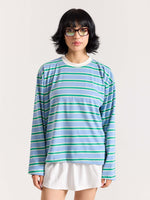 Load image into Gallery viewer, Sky Blue & Green Striped Loose Fit Cropped T-Shirt