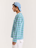 Load image into Gallery viewer, Sky Blue & Green Striped Loose Fit Cropped T-Shirt