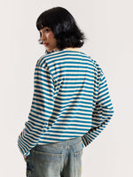 Load image into Gallery viewer, Teal Blue Striped Loose Fit Cropped T-Shirt