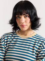 Load image into Gallery viewer, Teal Blue Striped Loose Fit Cropped T-Shirt