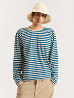 Load image into Gallery viewer, Teal Blue Striped Loose Fit Cropped T-Shirt