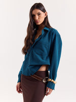 Load image into Gallery viewer, Teal Blue & Black Striped Seersucker Cropped Shirt