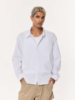 Load image into Gallery viewer, White & Blue Pinstriped Oversized Cropped Shirt