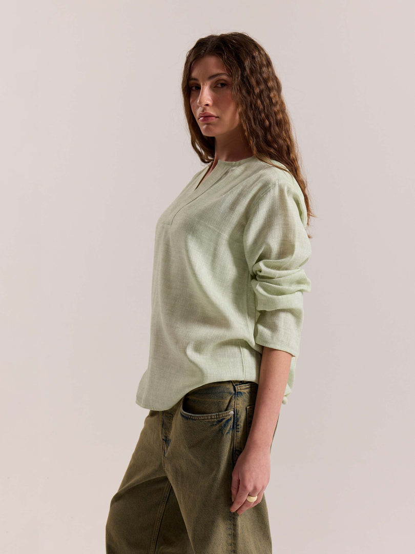 Green Textured Linen Pullover