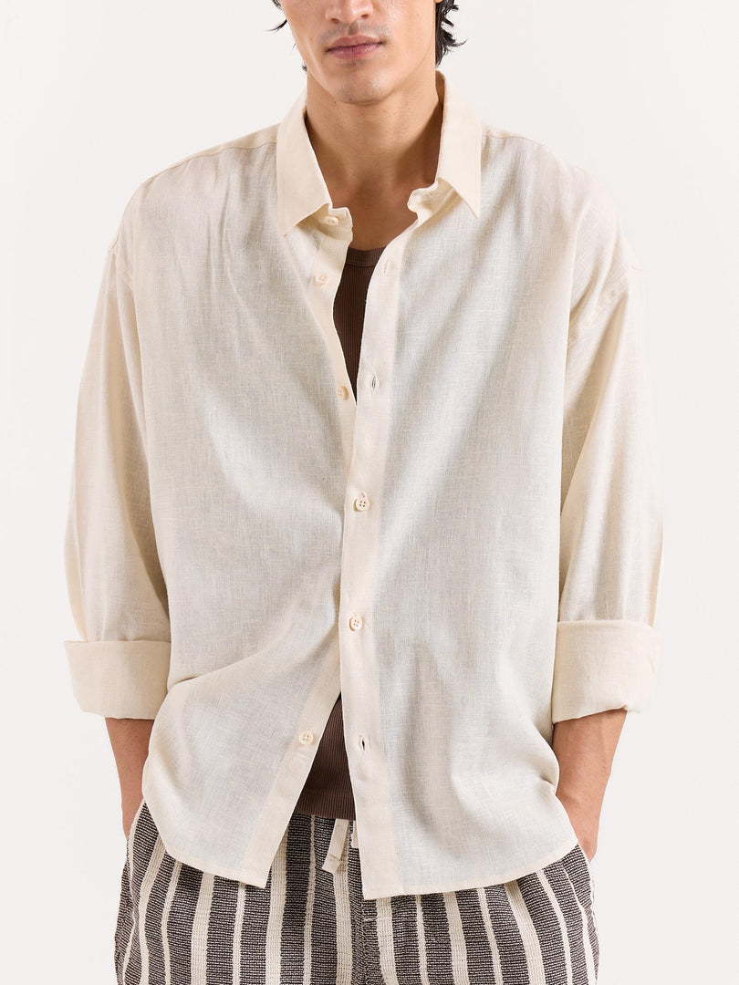 Almond White Linen Cropped Shirt