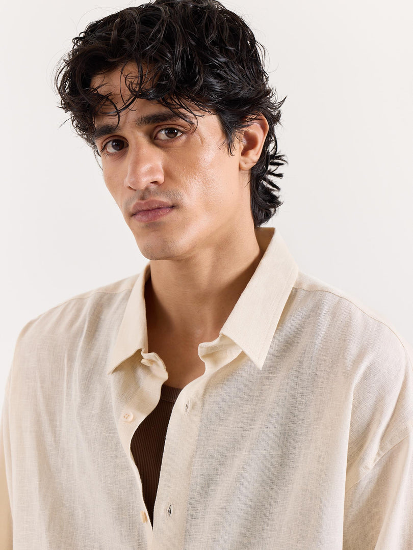 Almond White Linen Cropped Shirt