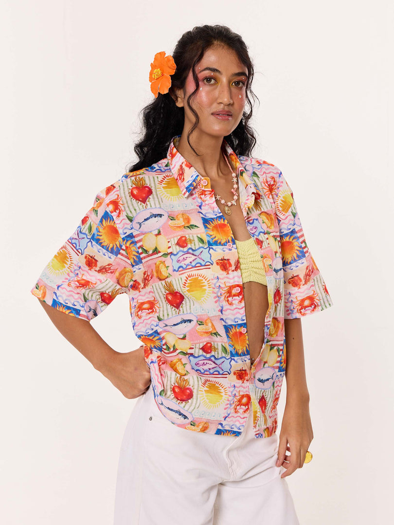 Beach Bingo Printed Cropped Shirt